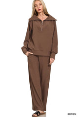 Zenana Ribbed High Neck Half Zip Pullover & Pants Set Trendsi