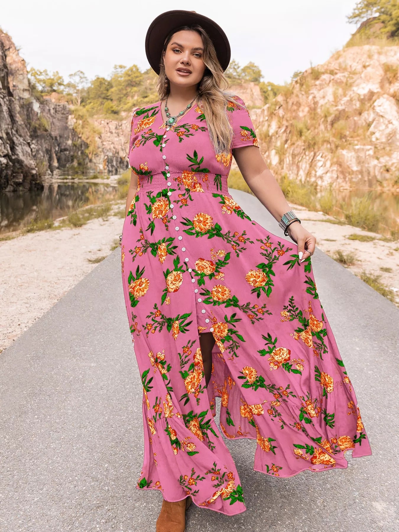 Plus Size Floral V-Neck Short Sleeve Maxi Dress OutfitFlow