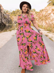 Plus Size Floral V-Neck Short Sleeve Maxi Dress OutfitFlow