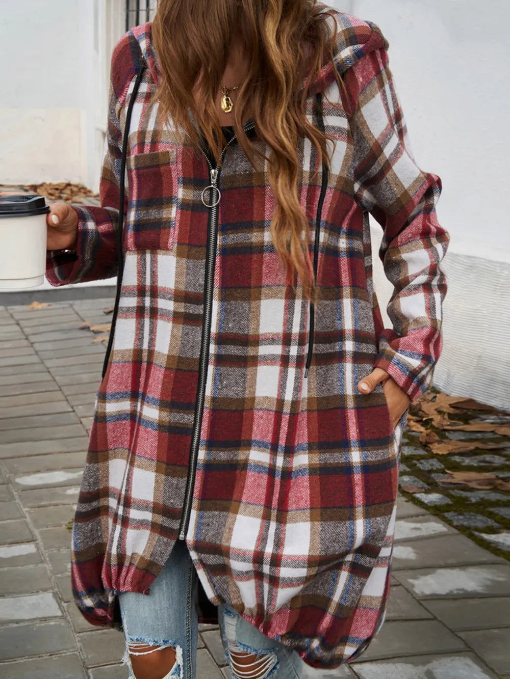 Devine Plaid Zip Up Hooded Coat Trendsi