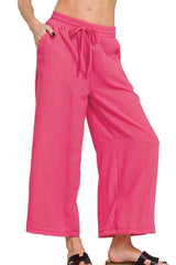Zenana Woven Crepe Elastic Band Waist Cropped Pants OutfitFlow