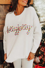 Colorful Holly Jolly Christmas Knit Loose Sweater Ivory OutfitFlow