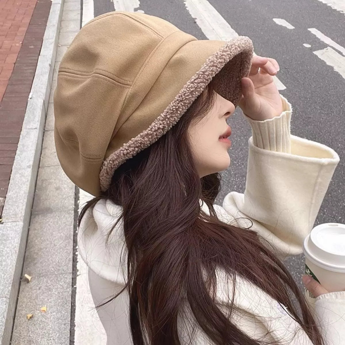 Plush Trim Baker Boy Hat Coffee One Size OutfitFlow