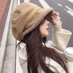 Plush Trim Baker Boy Hat Coffee One Size OutfitFlow