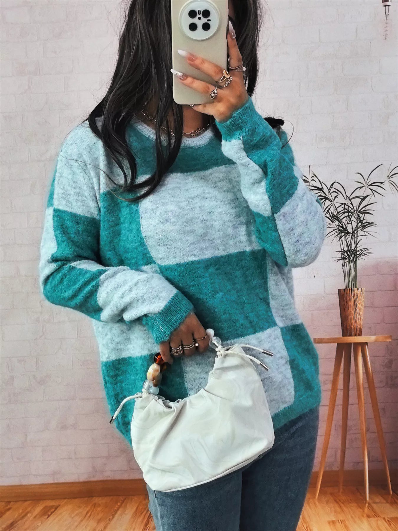 Color Block Round Neck Sweater OutfitFlow