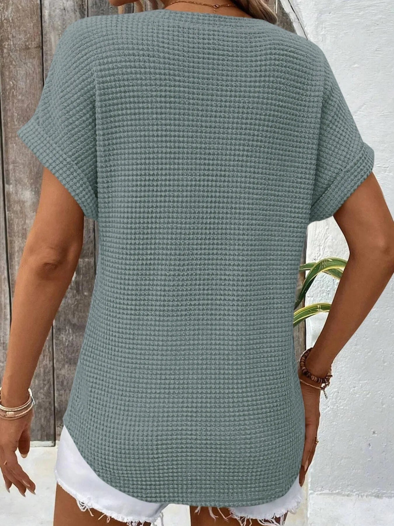 Waffle Knit V-Neck Casual T-Shirt OutfitFlow