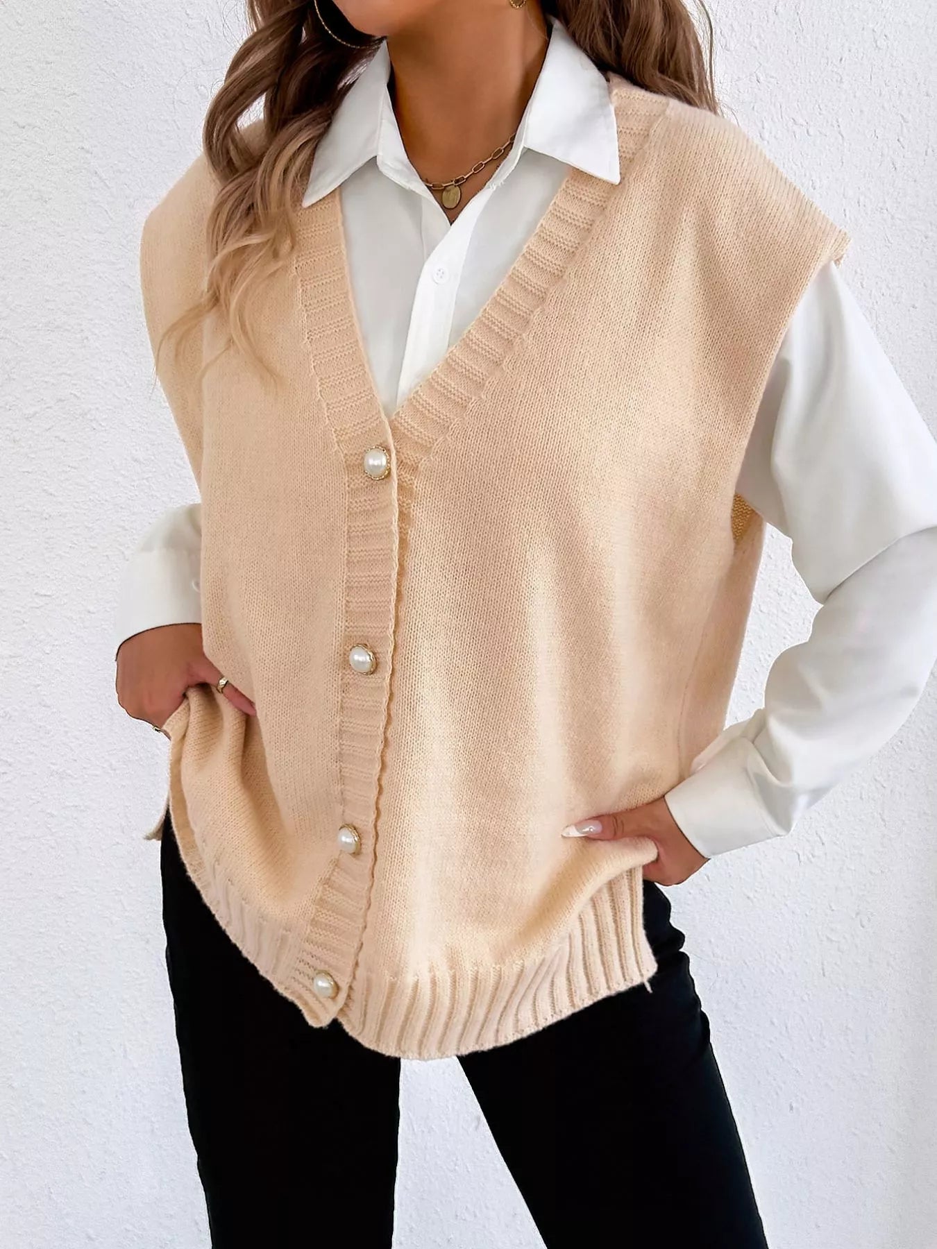 Button-Down Button Up Sweater Vest Apricot One Size Trendsi
