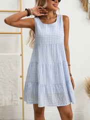 Plaid Round Neck Sleeveless Mini Dress OutfitFlow