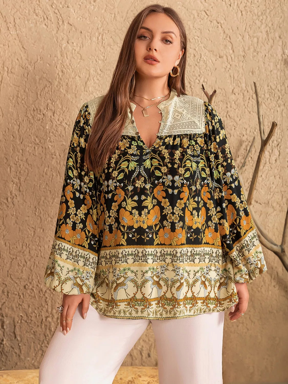 Plus Size Floral Print Notched Blouse Trendsi