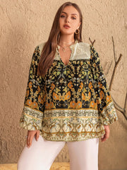 Plus Size Floral Print Notched Blouse Trendsi