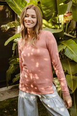 BiBi Mir Solid Raw Edge Neckline Thumb Opening Top OutfitFlow