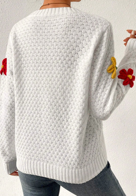 Outfit Flow - Crochet Flower Round Neck Long Sleeve Sweater