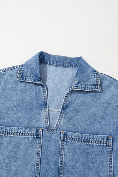 Short Sleeve Collared Patched Pocket Denim Mini Dress OutfitFlow