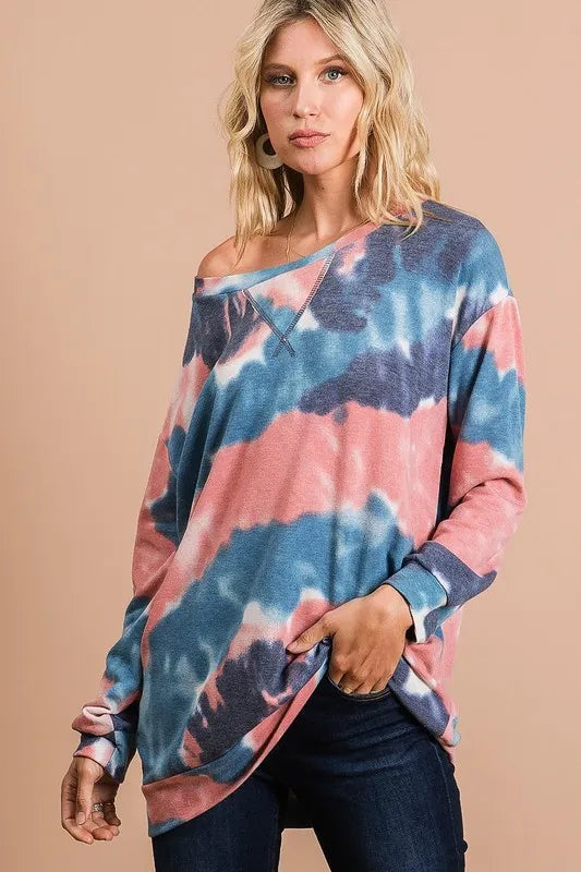 BiBi Tie Dye French Terry Pull Over with Front Stitching Detail OutfitFlow