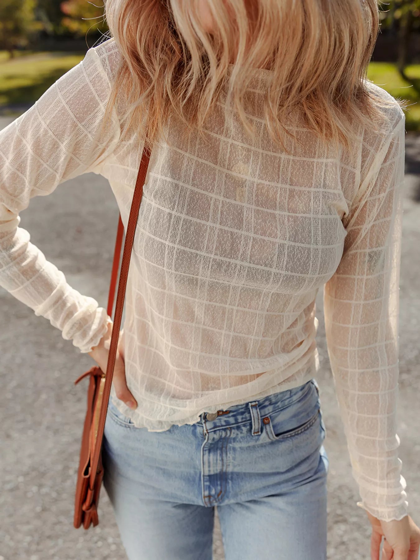 Sheer Plaid Mesh Lettuce Trim Slim Fit Long Sleeve Top OutfitFlow