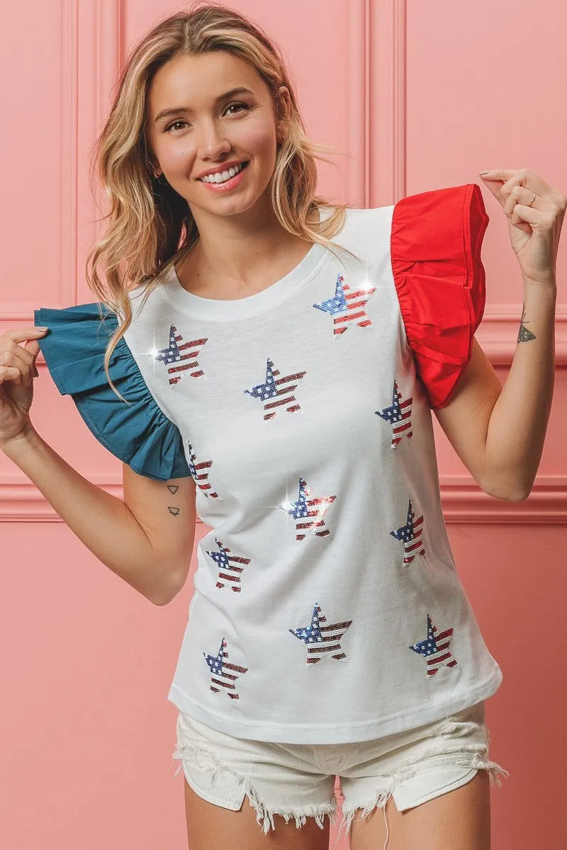 BiBi American Flag Sequin Stars Top OutfitFlow