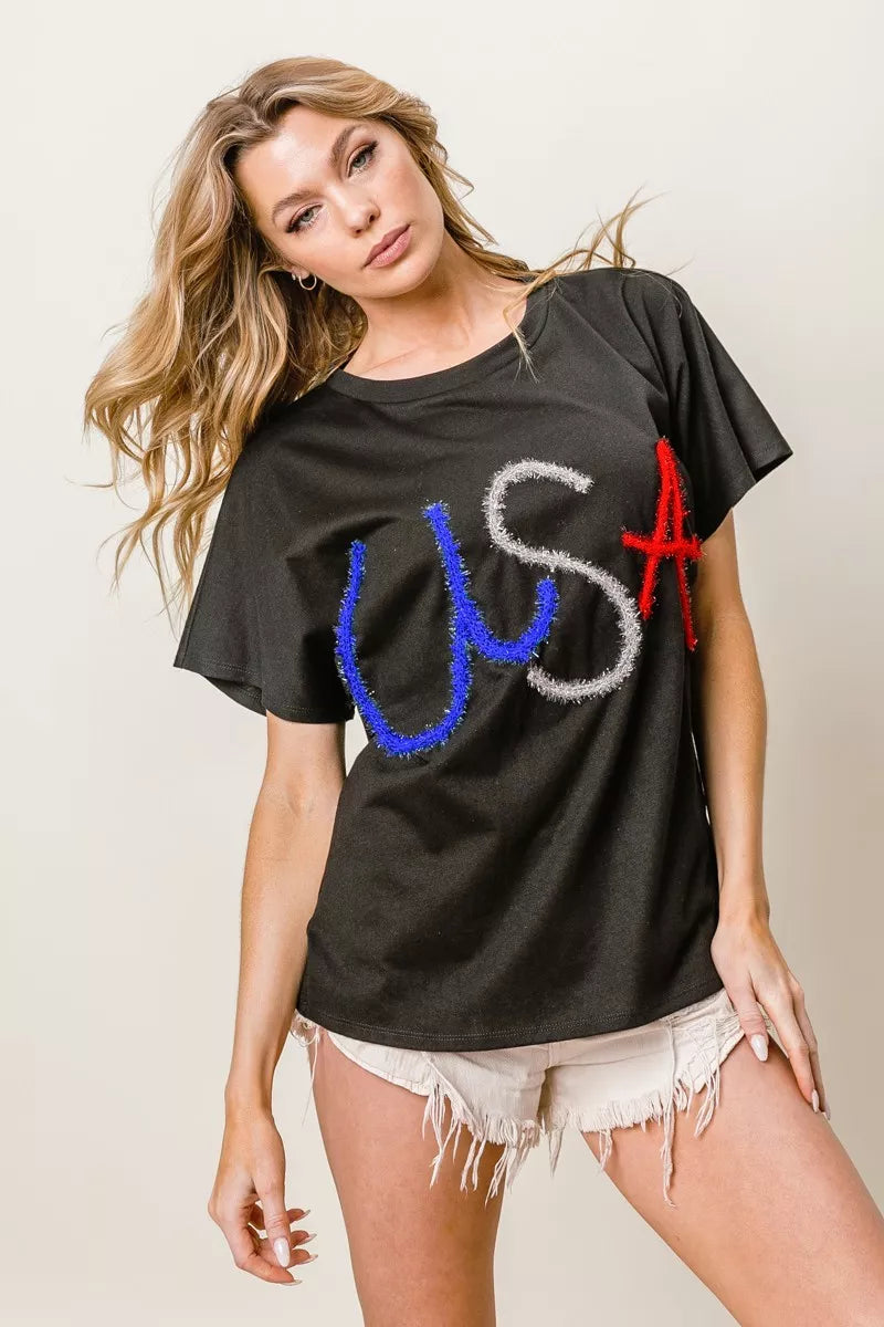 BiBi Metallic Letter Short Dolman Sleeve Top BLACK OutfitFlow