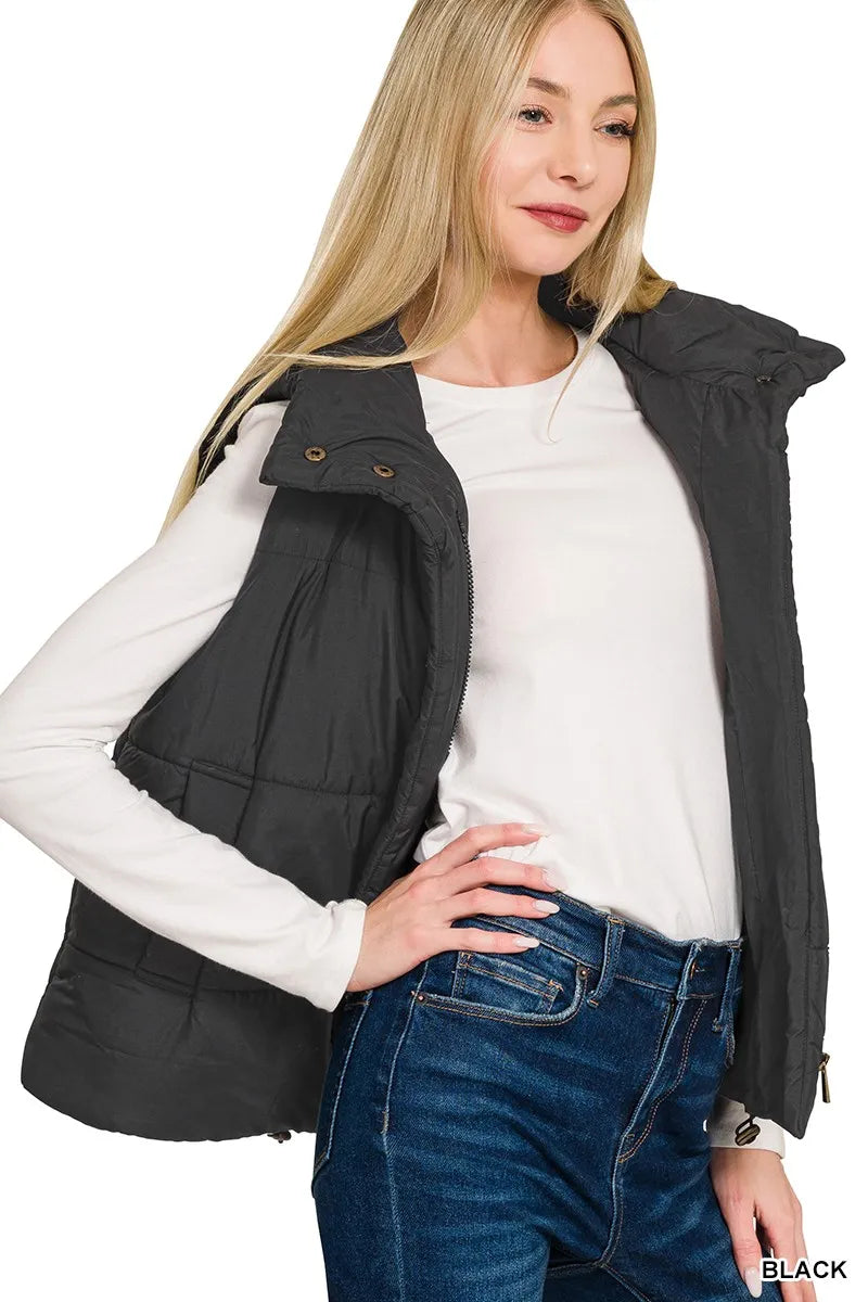 Zenana High Neck Zip-Up Vest Coat OutfitFlow