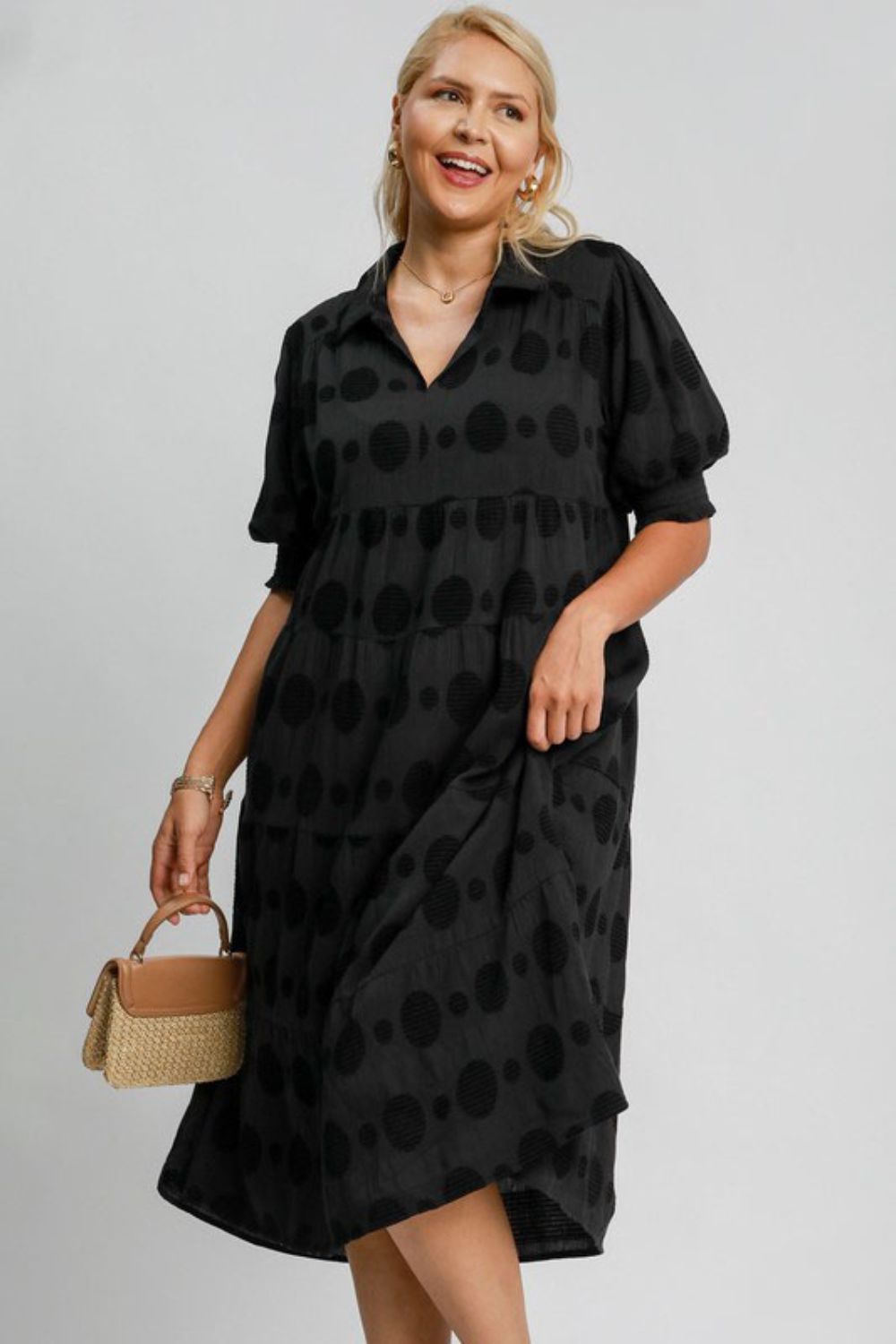 Umgee Full Size Swiss Dot Jacquard Tiered Midi Dress Plus Size OutfitFlow