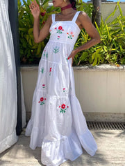 Embroidered Square Neck Tiered Maxi Cami Dress OutfitFlow