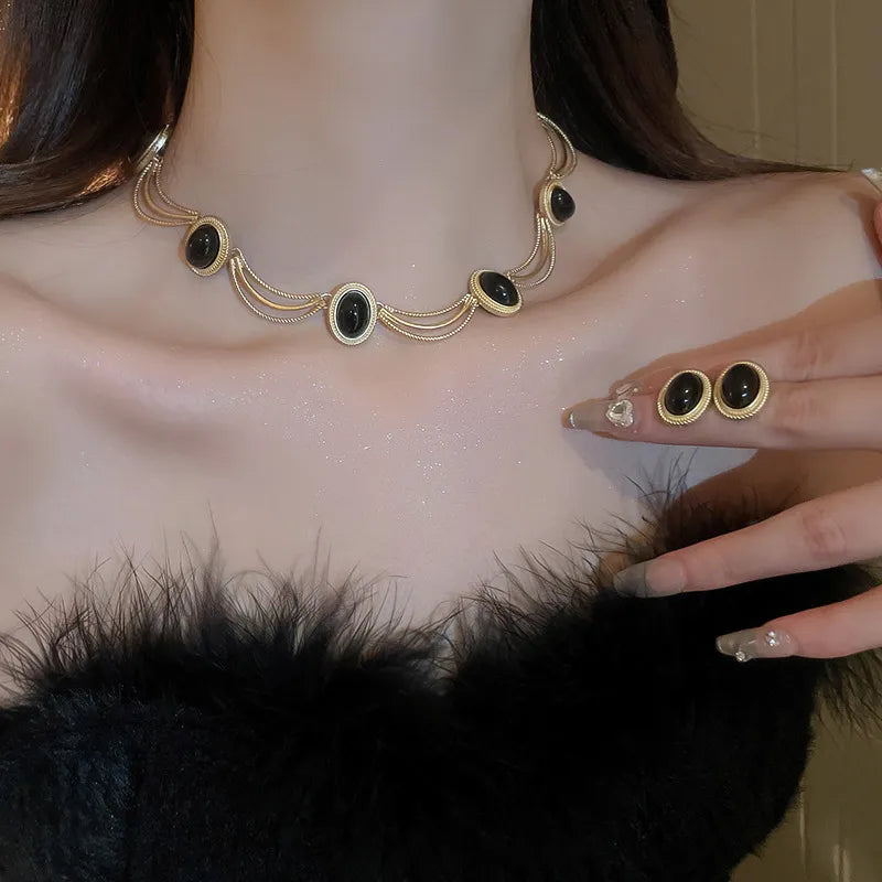 Alloy Oval Gemstone Necklace OutfitFlow