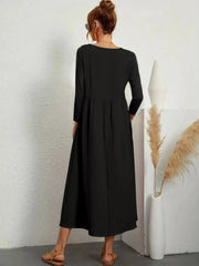V-Neck Long Sleeve Pocketed Midi Dress OutfitFlow