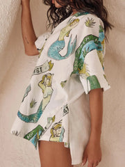 Printed Button Up Shirt and Shorts Set OutfitFlow