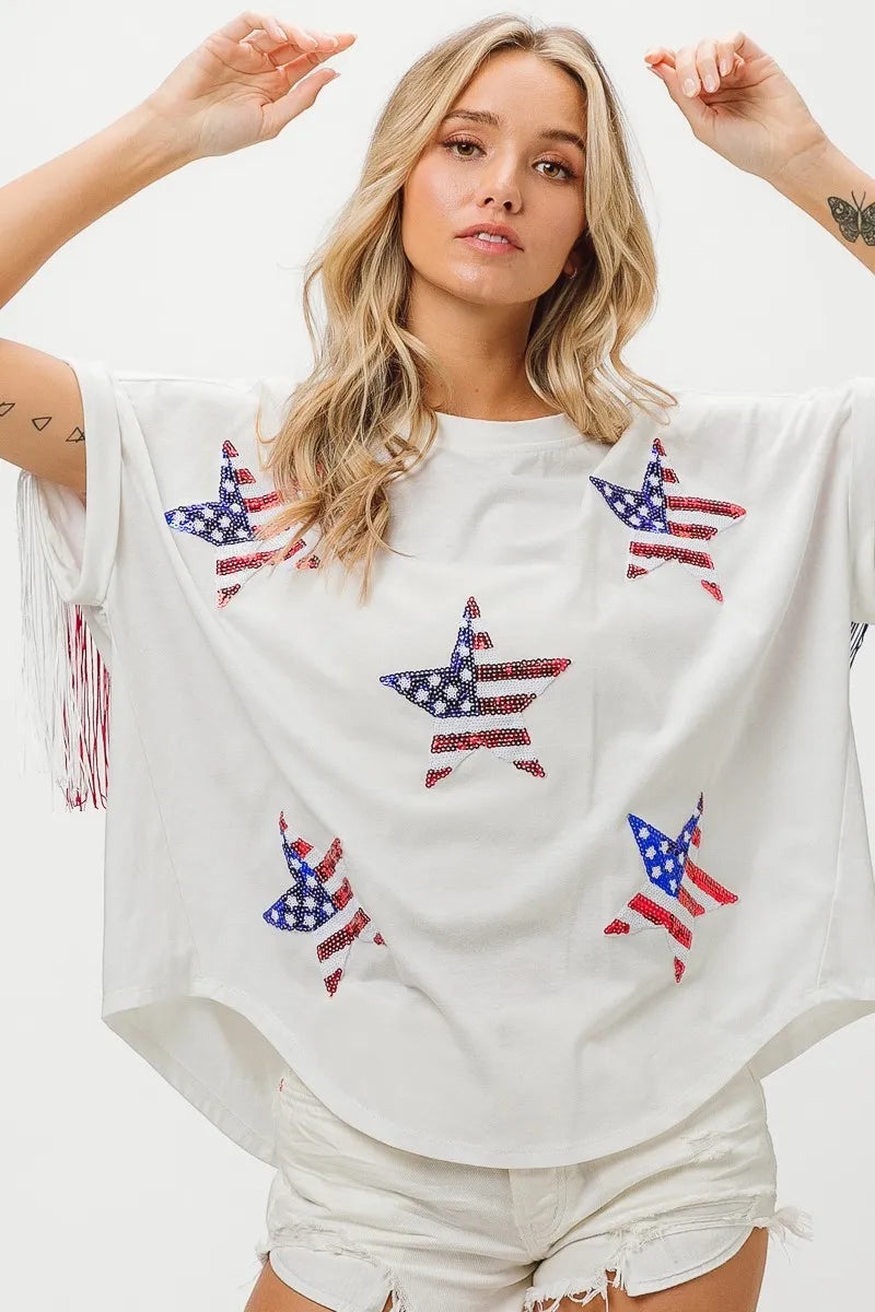 BiBi American Flag Sequin Star Fringe Top OutfitFlow