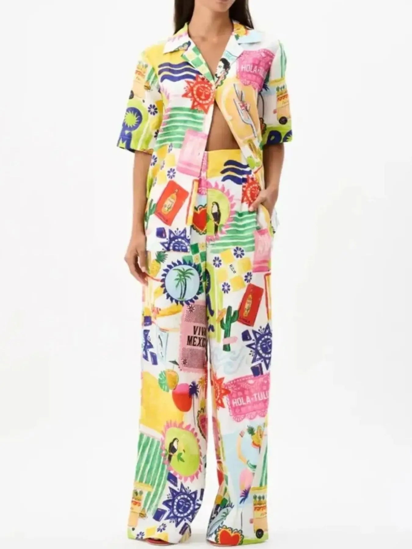 Printed Button Up Shirt and Pants Set Multicolor OutfitFlow