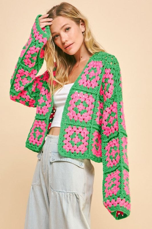 Outfit Flow - Davi & Dani Full Size Two Tone Flower Square Crochet Open Front Cardigan