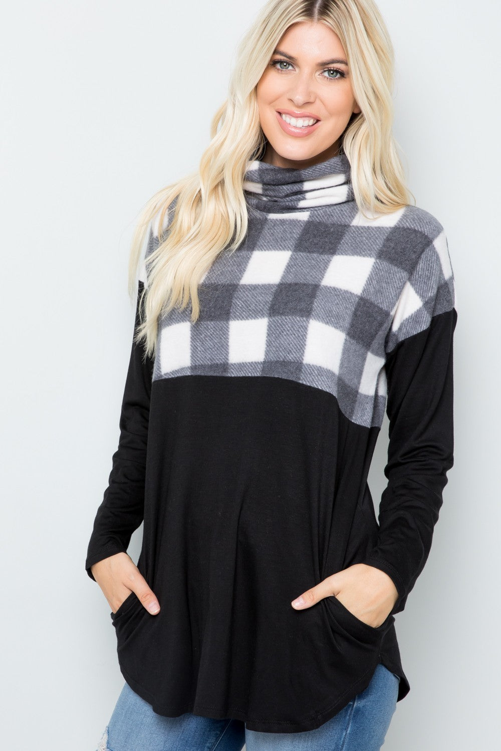 Outfit Flow - Celeste Full Size Pocketed Plaid Turtleneck Long Sleeve Blouse