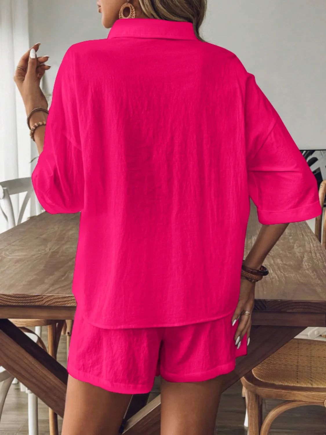 Collared Neck Half Sleeve Top and Shorts Set OutfitFlow