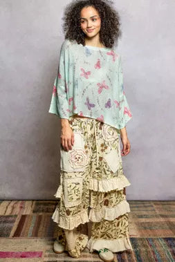 POL Butterflies Pattern Round Neck knit Top with Outseam Rolling Edge OutfitFlow