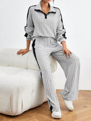 Ribbed Contrast Dropped Shoulder Top and Pants Set OutfitFlow