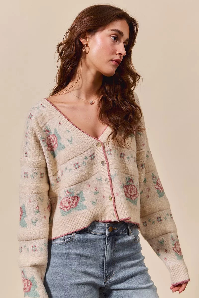 SO ME Floral Pattern Long Sleeve Button Sweater Cardigan OutfitFlow