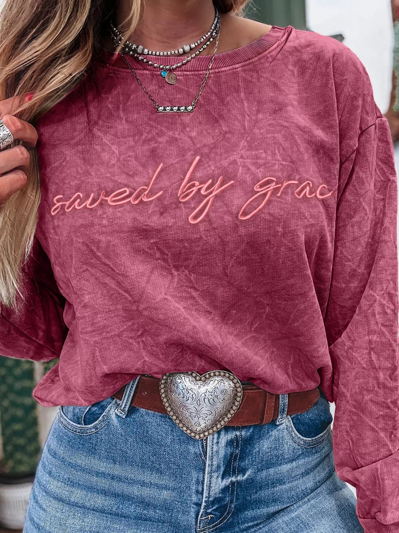 Saved By Grace Letter Embroidery Mineral Wash Loose Sweatshirt OutfitFlow