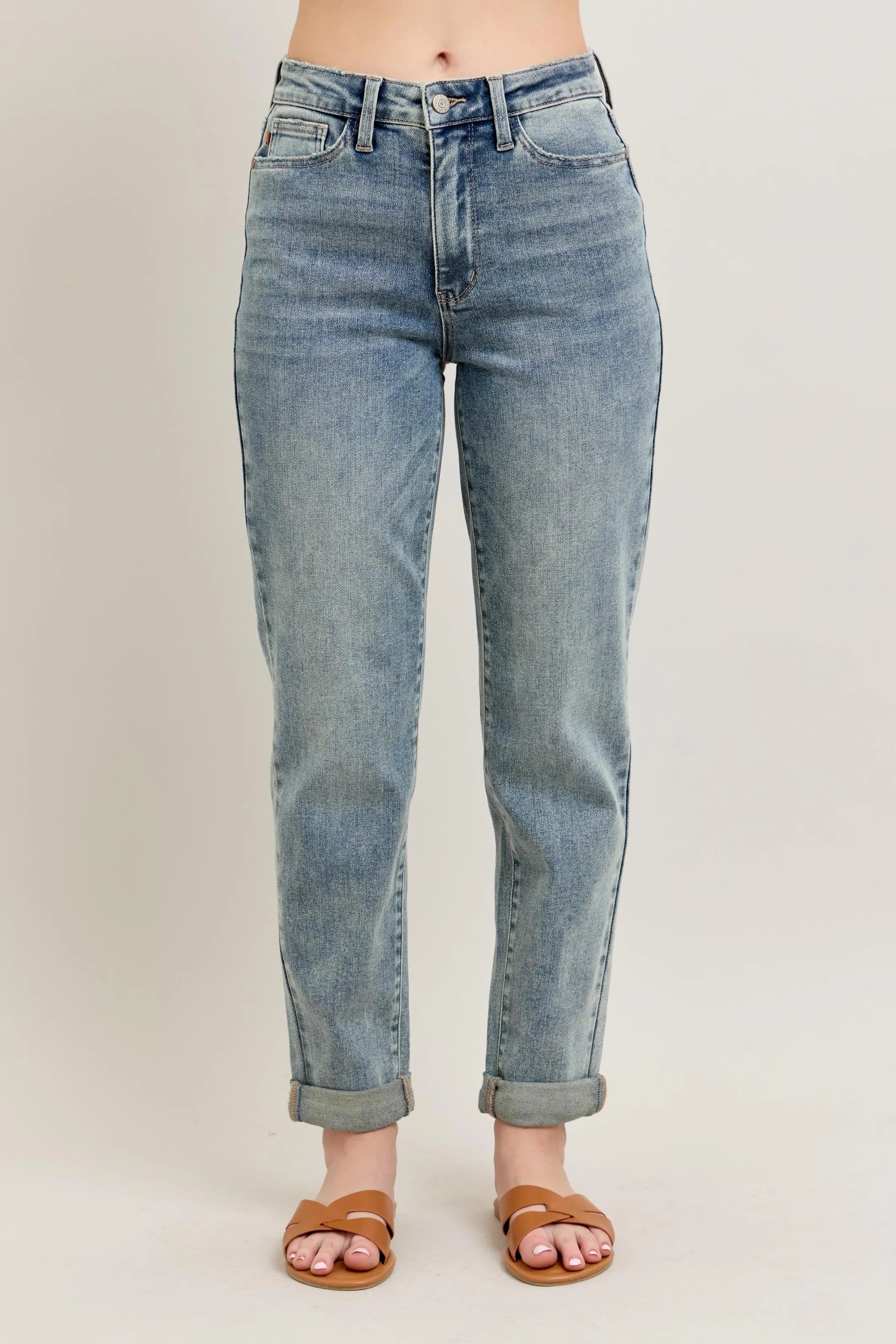 Judy Blue Full Size Hw Vintage Wash Double Roll Cuff Bf Jeans Plus Size MD OutfitFlow