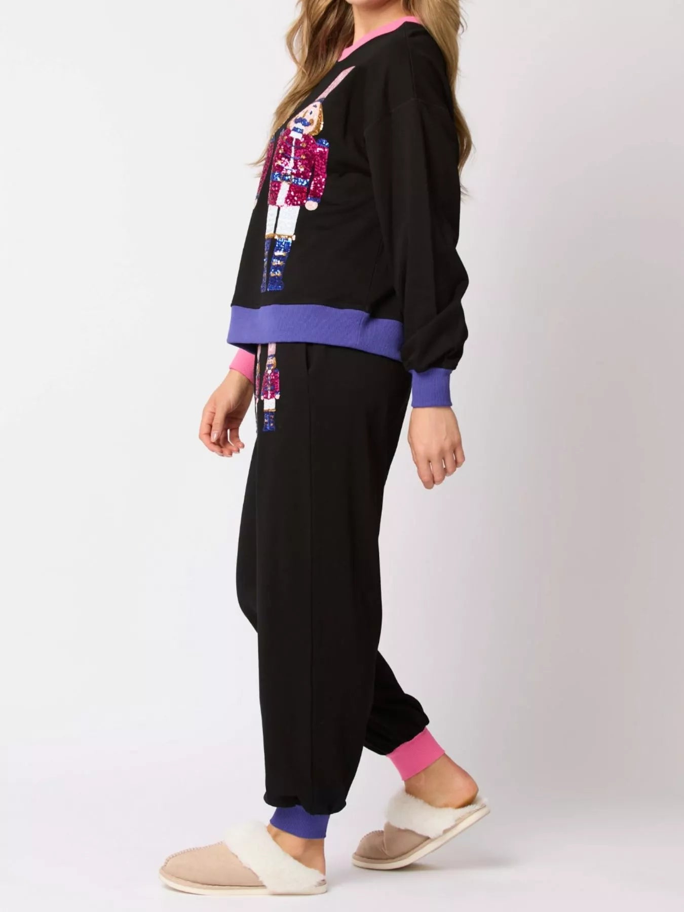 Nutcracker Contrast Trim Sweatshirt and Pants Set OutfitFlow