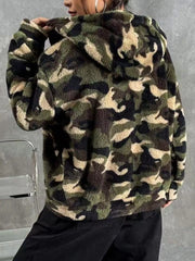 Camo Print Fuzzy Zip Up Outerwear OutfitFlow
