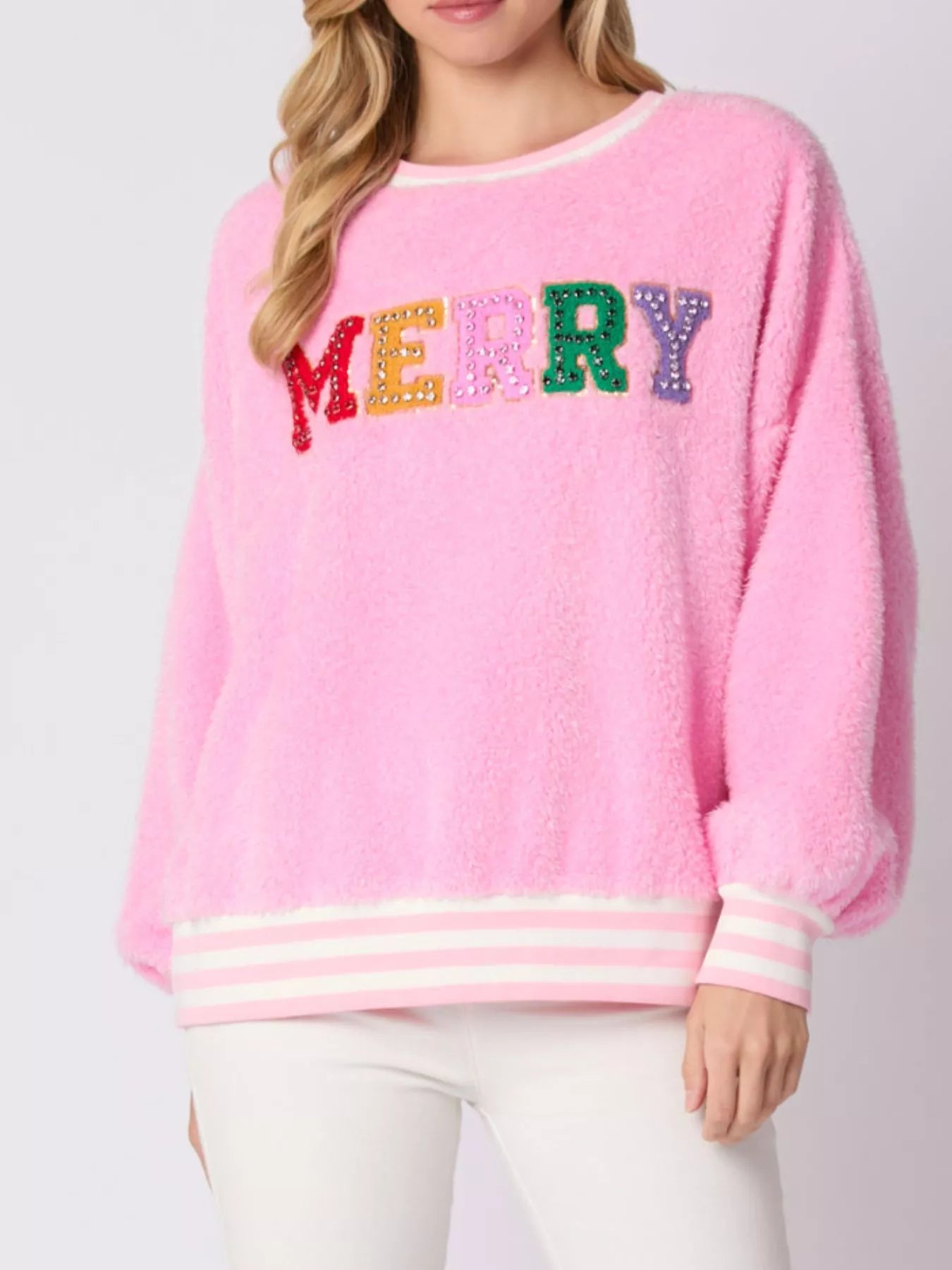 Rhinestone Merry Christmas Round Neck Sweatshirt OutfitFlow