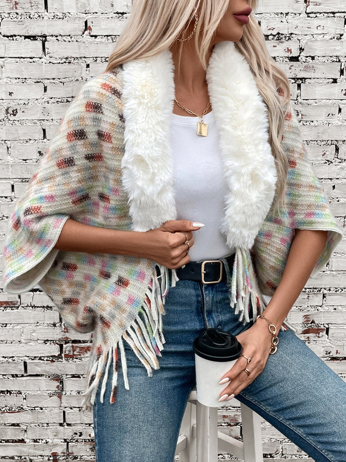 Outfit Flow - Fringe Fuzzy Open Front Poncho