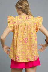 Umgee Printed Ruffle Cap Sleeve Blouse OutfitFlow