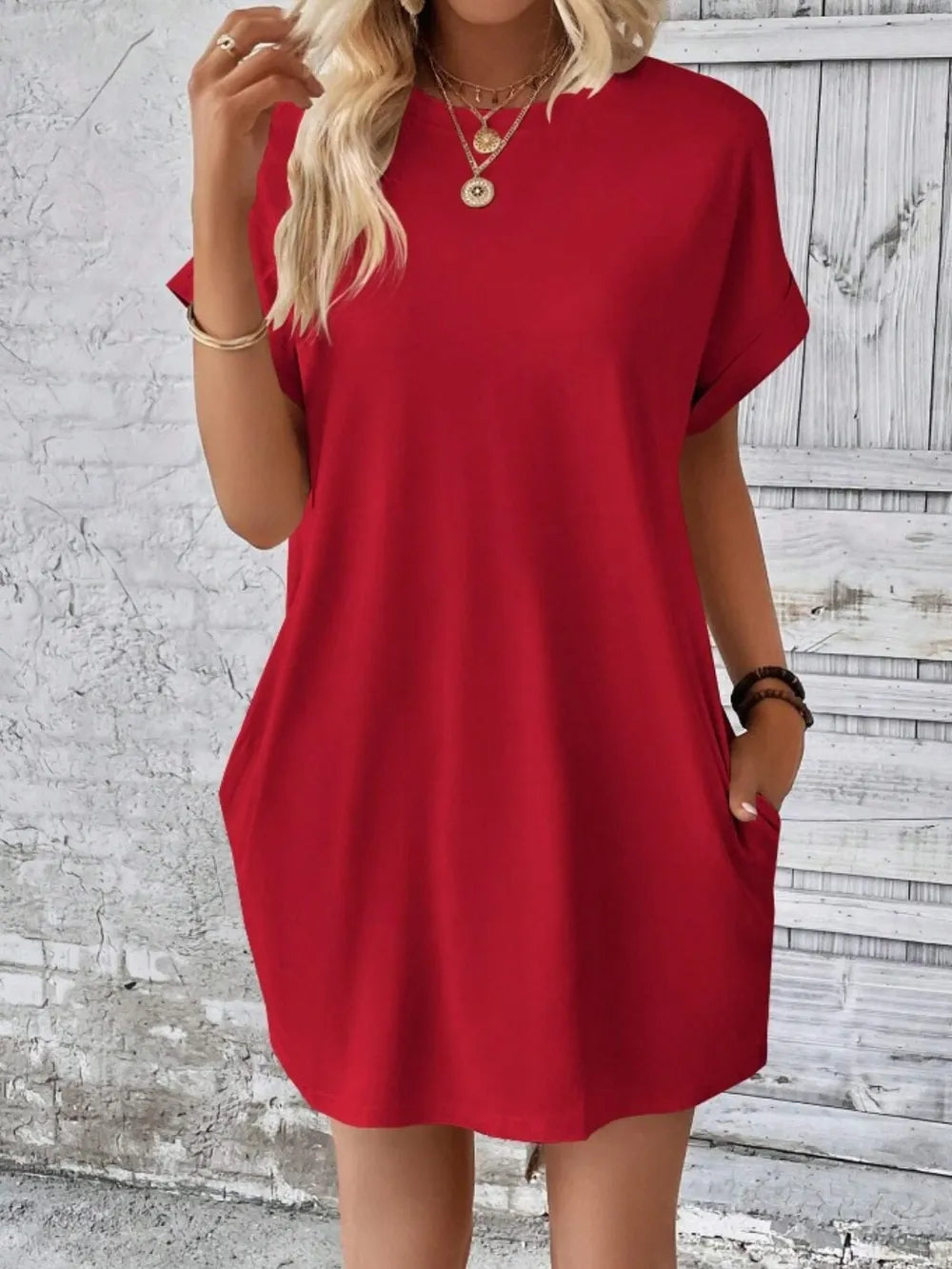 Pocketed Round Neck Short Sleeve Dress Deep Red OutfitFlow