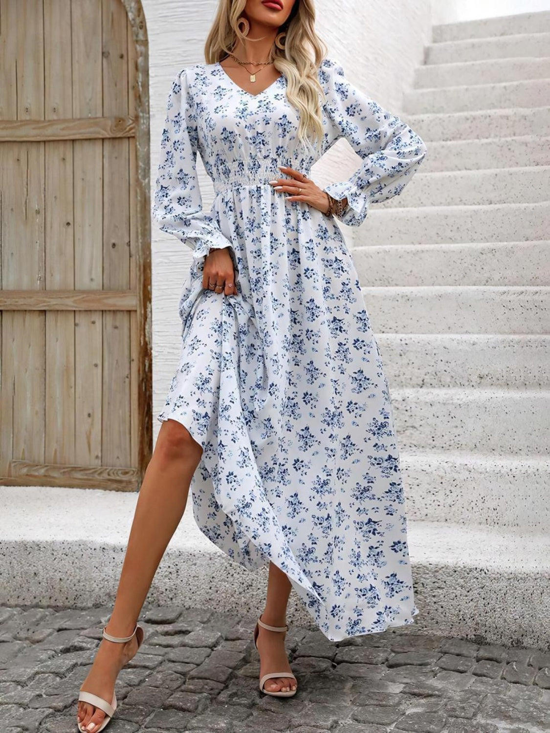 Outfit Flow - Smocked Printed V-Neck Flounce Sleeve Dress