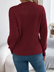 Openwork Round Neck Long Sleeve Sweater OutfitFlow