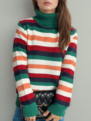 Contrast Stripes Turtleneck Long Sleeve Sweater