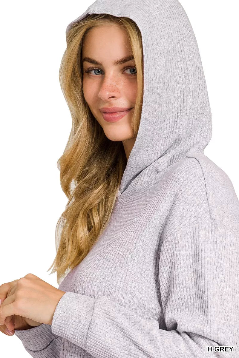 Zenana Drop Shoulder Ribbed Crop Hoodie OutfitFlow