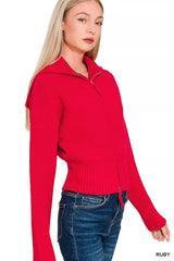 Zenana Ribbed Collared Zip Up Sweater Cardigan OutfitFlow