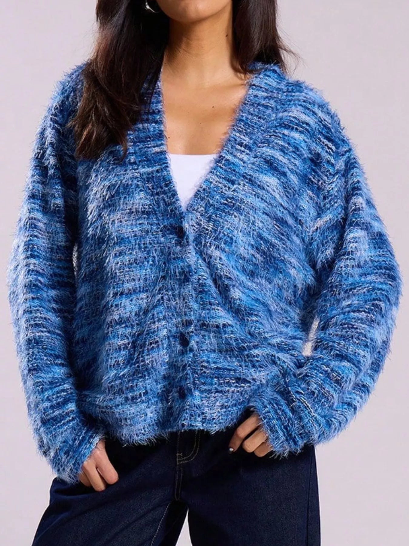 Chunky Knit V-Neck Button-Up Cardigan OutfitFlow
