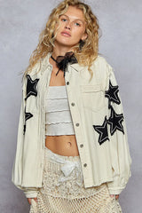 POL Star Patch Raw Hem Button Up Denim Jacket OutfitFlow